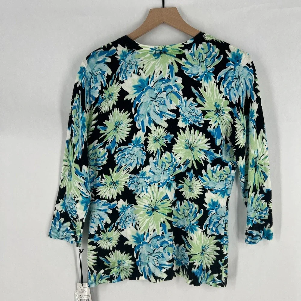 Nue Options Cardigan Sweater Womens PXL Blue Green Floral V‎ Neck Classic